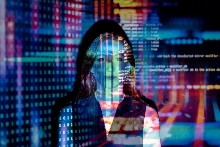 Image of a woman with computer code projected over her in reference to Artificial Intelligence